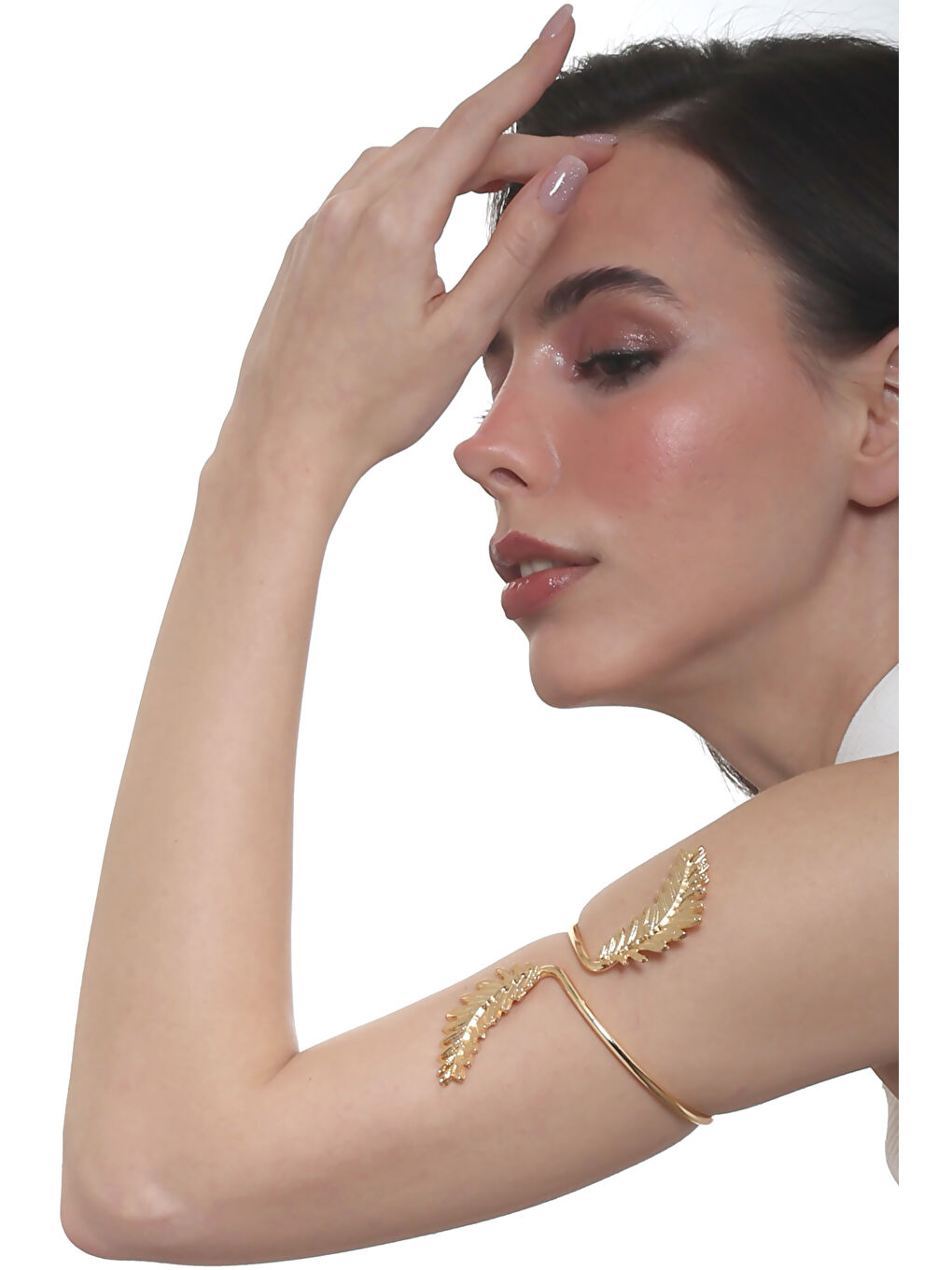 Sarı Kadın Lak Altın Renk Kaplama Yaprak Detaylı Pazu Bandı Bileklik, Üst Kol Aksesuarı-4