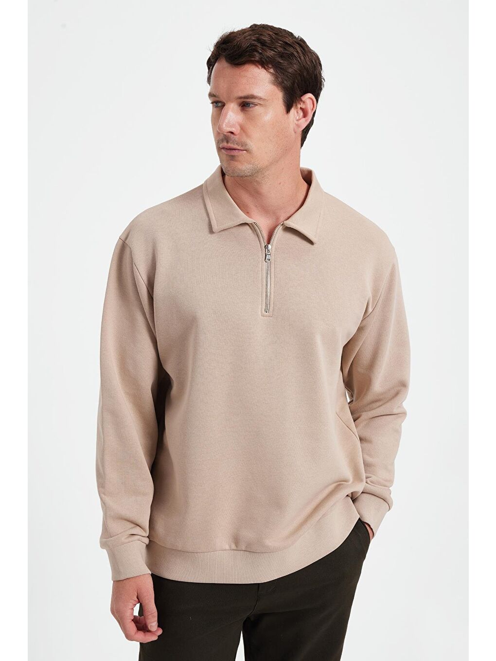 Bej Erkek Relax Fit Rahat Kesim Pamuklu 3 İplik Fermuarlı Polo Yaka Taş Sweatshirt