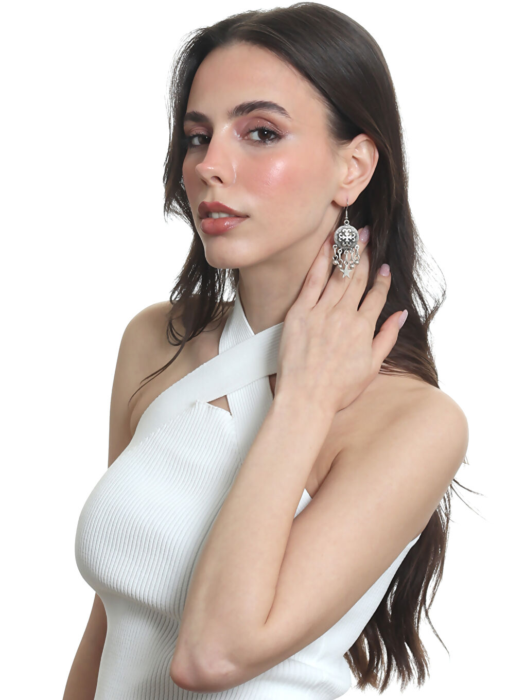 Karışık Kadın Antik Gümüş Kaplama Top Boncuk &Yıldız Charm Detaylı Sallantılı Model Küpe-7