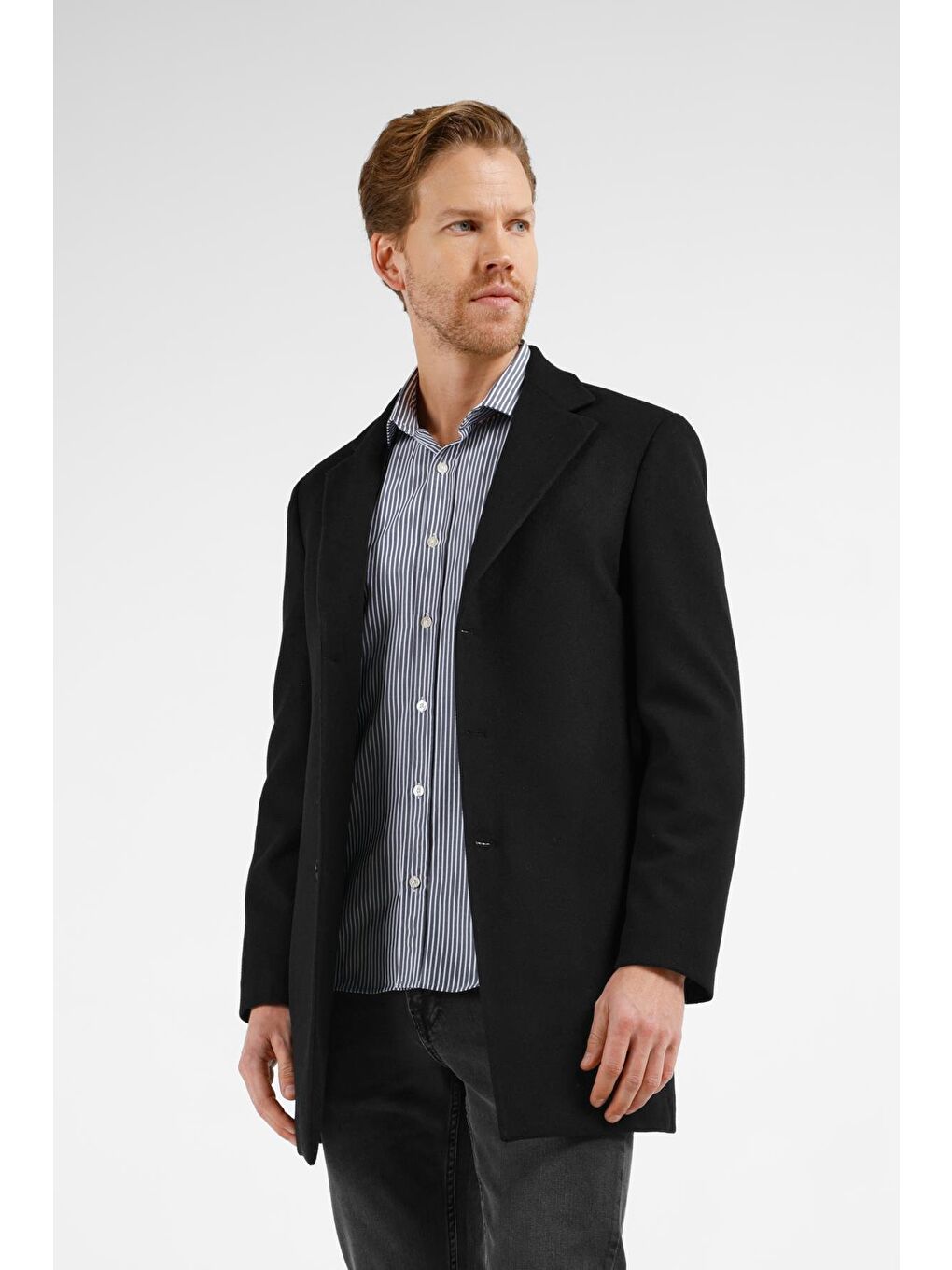 Siyah Mono Yaka Esnek Slim Fit Classic Kaşe Palto 1005255101-2