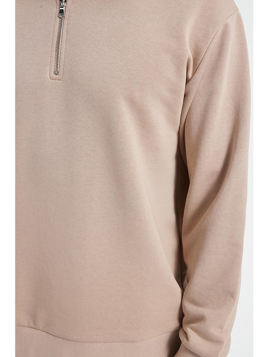 Bej Erkek Relax Fit Rahat Kesim Pamuklu 3 İplik Fermuarlı Polo Yaka Taş Sweatshirt-3