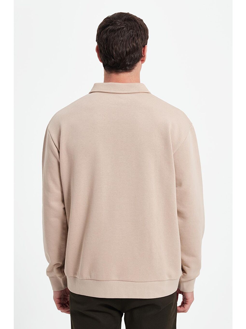 Bej Erkek Relax Fit Rahat Kesim Pamuklu 3 İplik Fermuarlı Polo Yaka Taş Sweatshirt-5