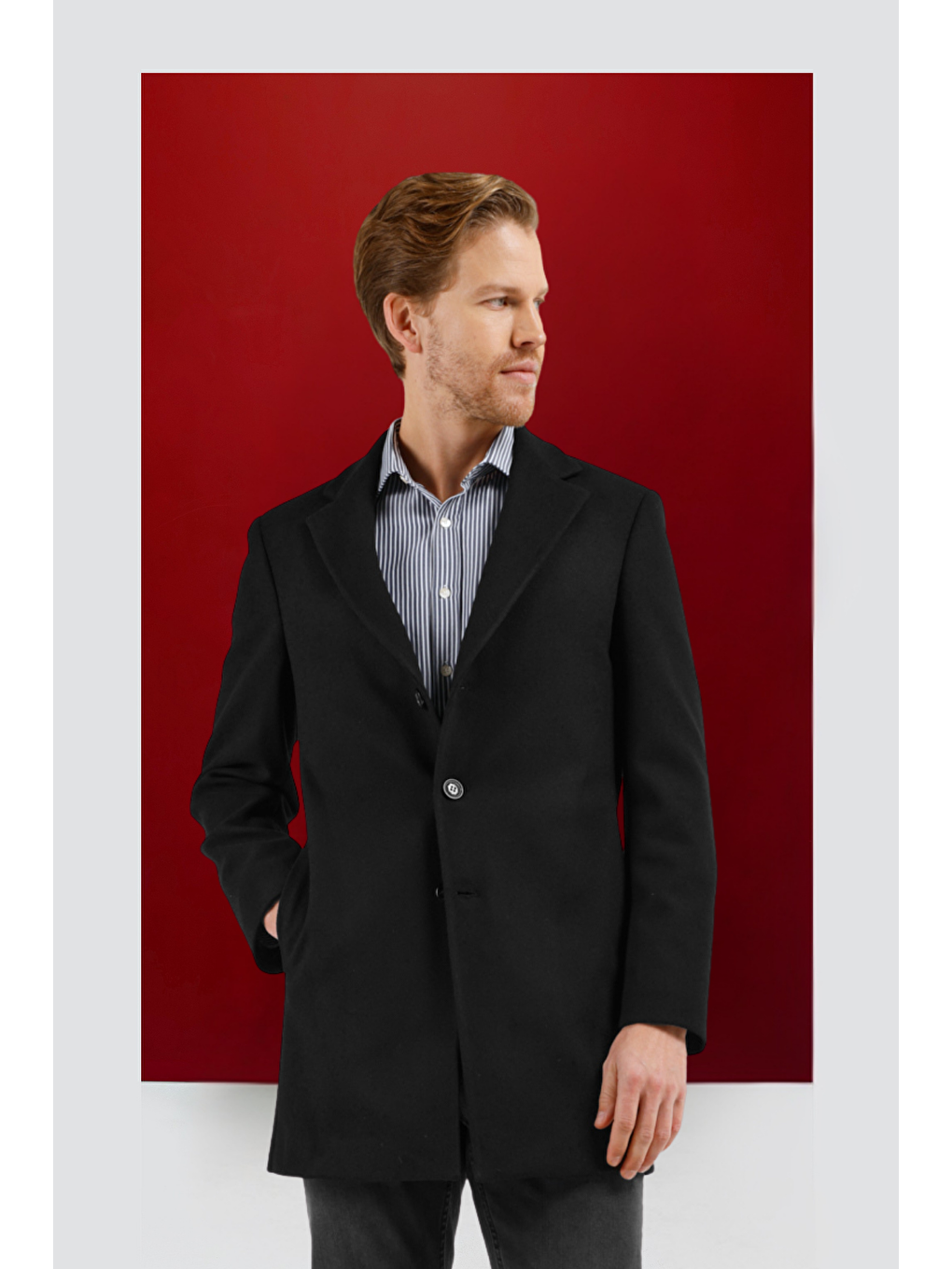 Siyah Mono Yaka Esnek Slim Fit Classic Kaşe Palto 1005255101-4