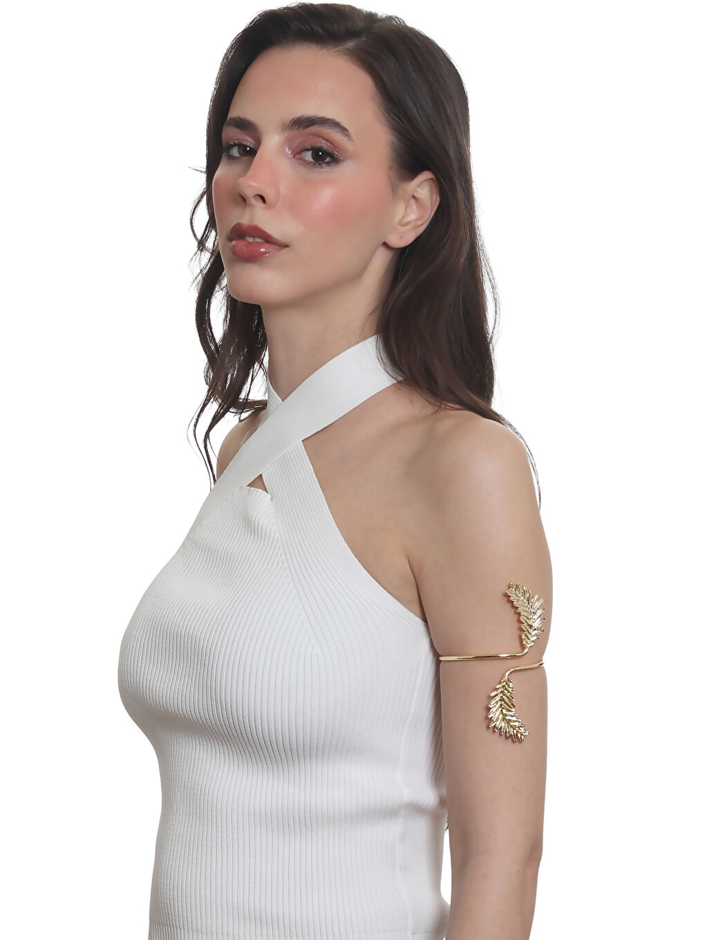 Sarı Kadın Lak Altın Renk Kaplama Yaprak Detaylı Pazu Bandı Bileklik, Üst Kol Aksesuarı-5