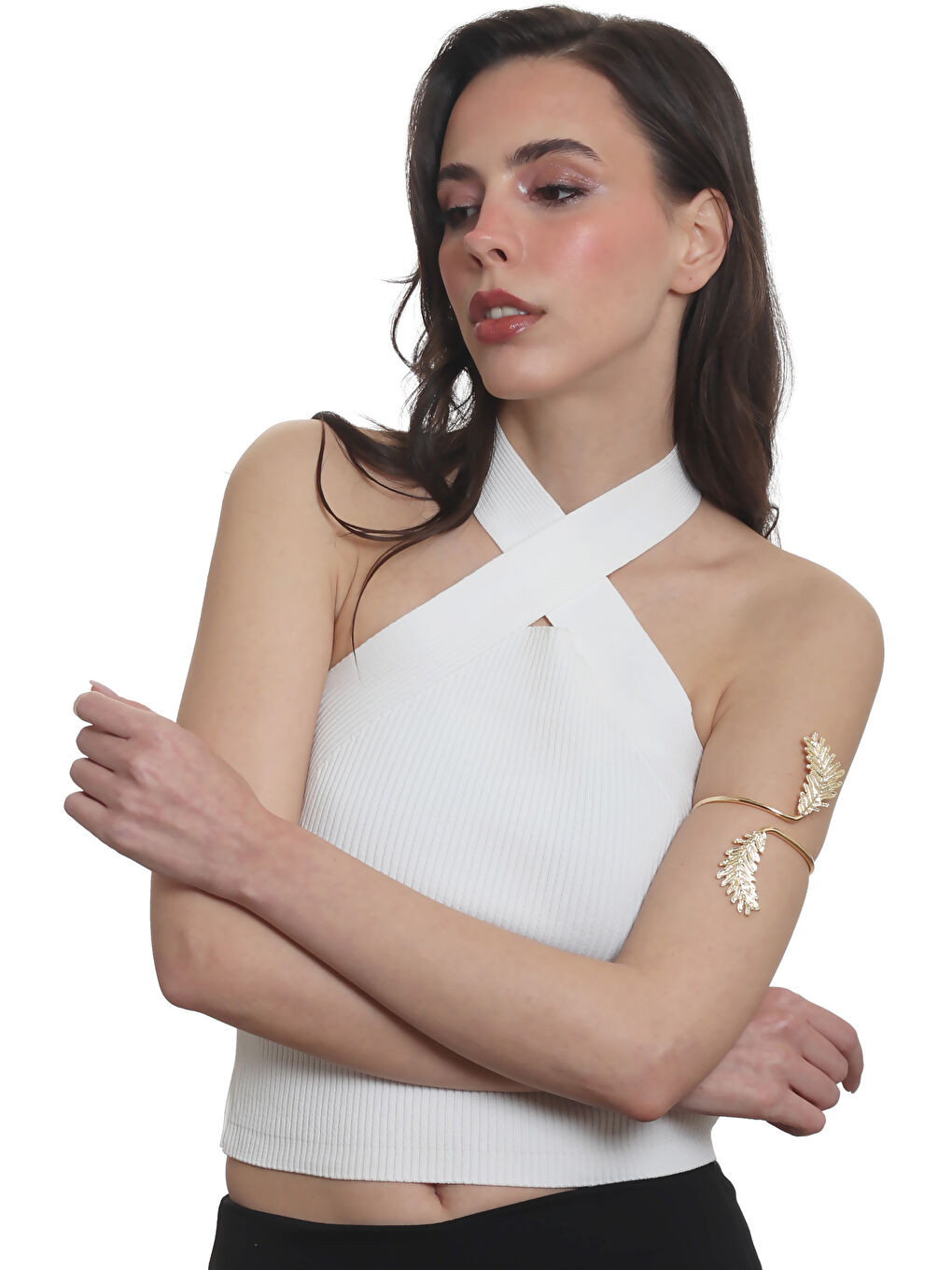 Sarı Kadın Lak Altın Renk Kaplama Yaprak Detaylı Pazu Bandı Bileklik, Üst Kol Aksesuarı-6