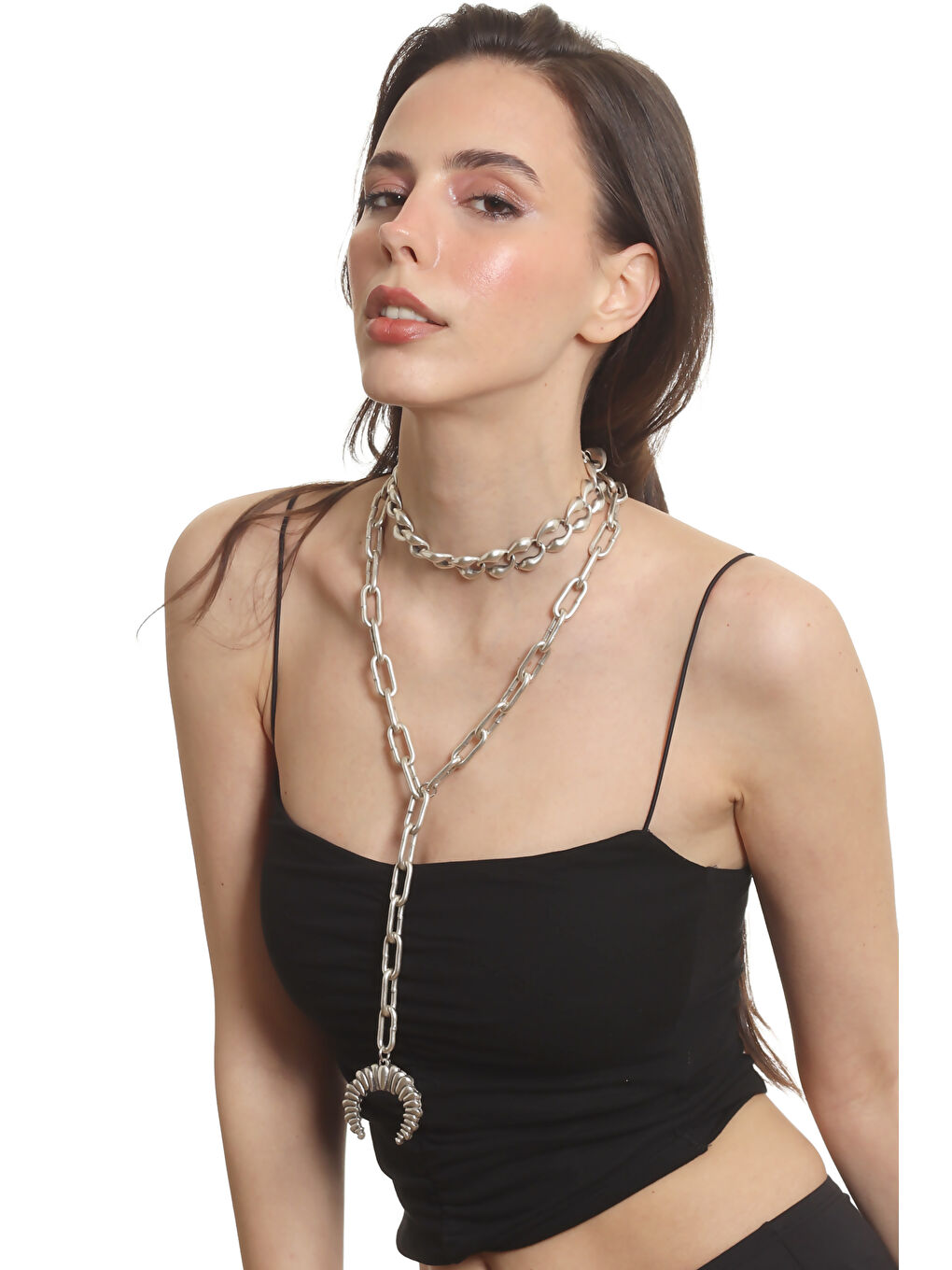 Gri Kadın Antik Gümüş Kaplama 2' li Burgulu Ay Uçlu Kolye& Choker-4