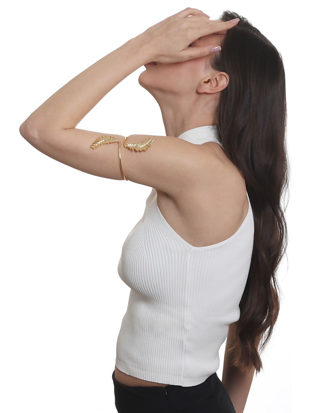 Sarı Kadın Lak Altın Renk Kaplama Yaprak Detaylı Pazu Bandı Bileklik, Üst Kol Aksesuarı-7