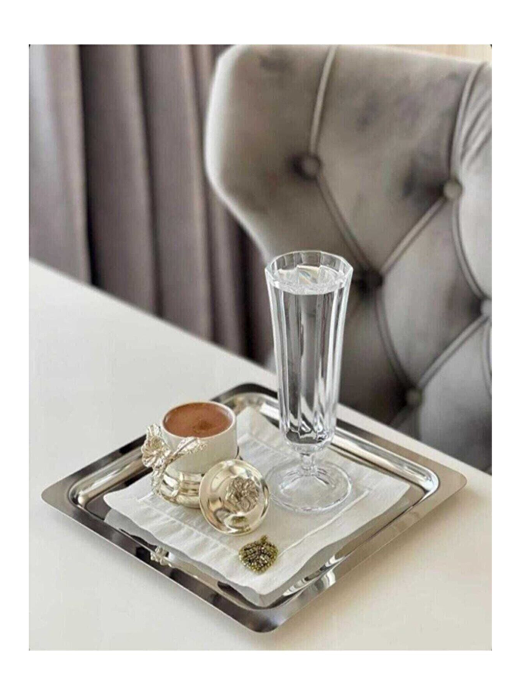 Gri Paslanmaz Çelik Gümüş Renk Sunum Tepsisi 21 x21 cm 4 Adet-1