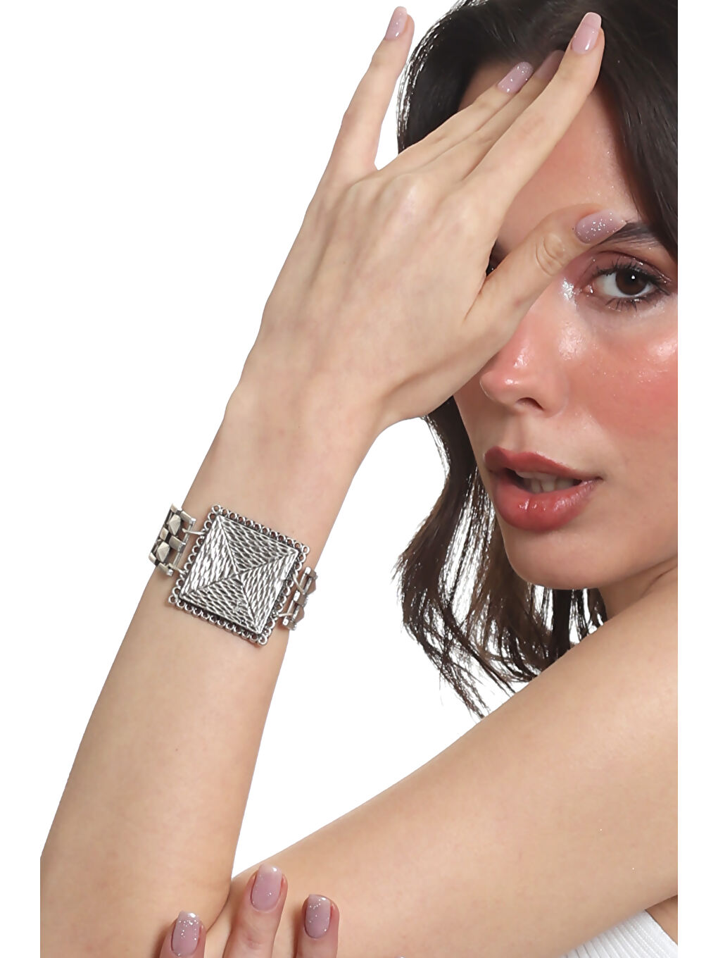 Gri Kadın Antik Gümüş Kaplama Zincir Bağlantılı Modern Tasarım Bileklik-3