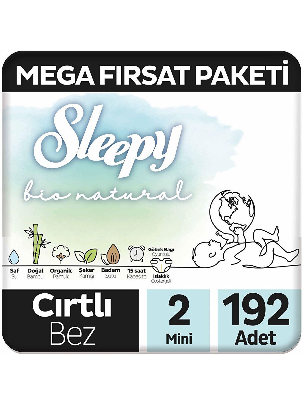 Sleepy Beyaz Bio Natural Mega Fırsat Paketi Bebek Bezi 2 Numara Mini 192 Adet