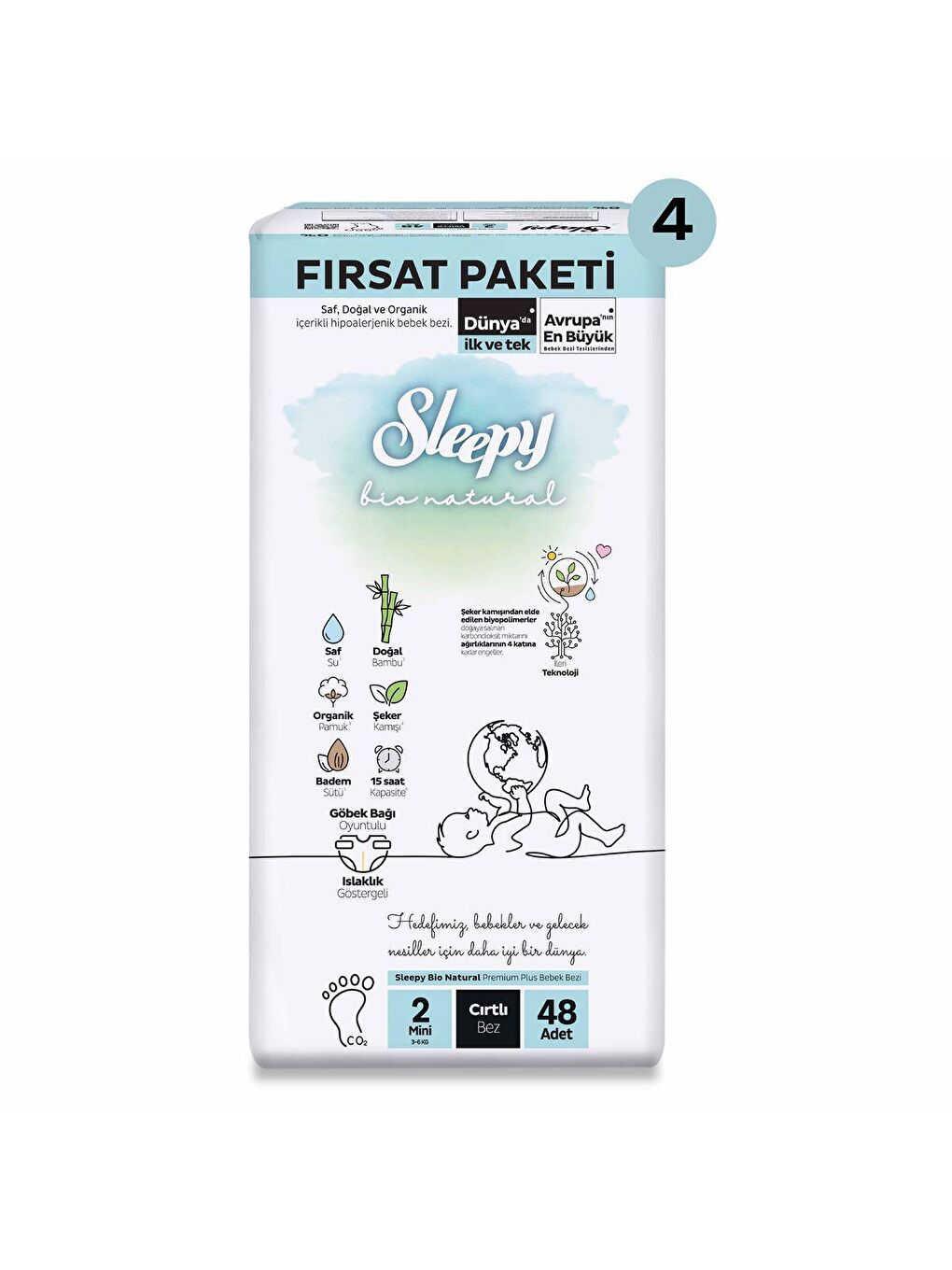 Sleepy Beyaz Bio Natural Mega Fırsat Paketi Bebek Bezi 2 Numara Mini 192 Adet - 1