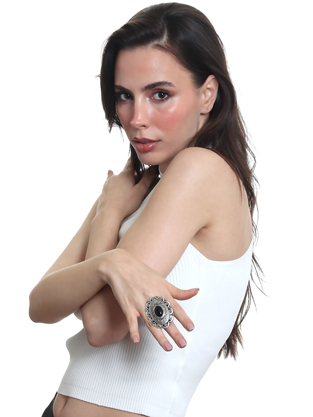 Gri Kadın Antik Gümüş Kaplama Siyah Boncuk Detaylı Çiçek Motifli Yüzük-7