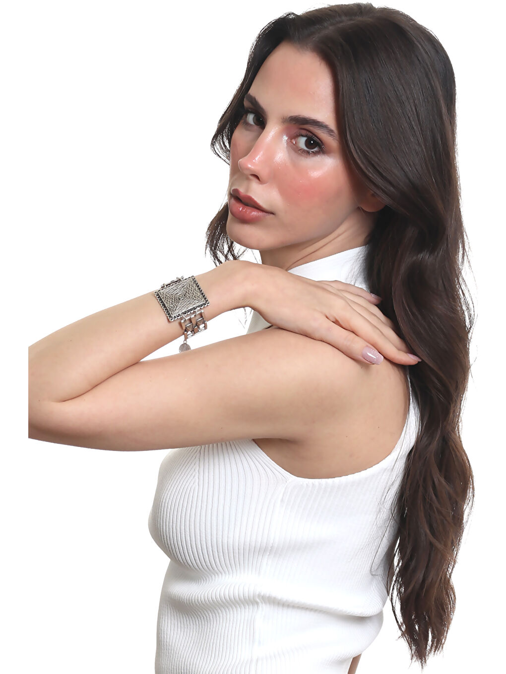 Gri Kadın Antik Gümüş Kaplama Zincir Bağlantılı Modern Tasarım Bileklik-7