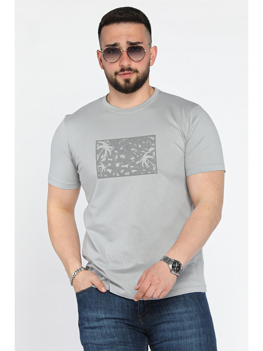 Gri Erkek Bisiklet Yaka Baskılı Tişört