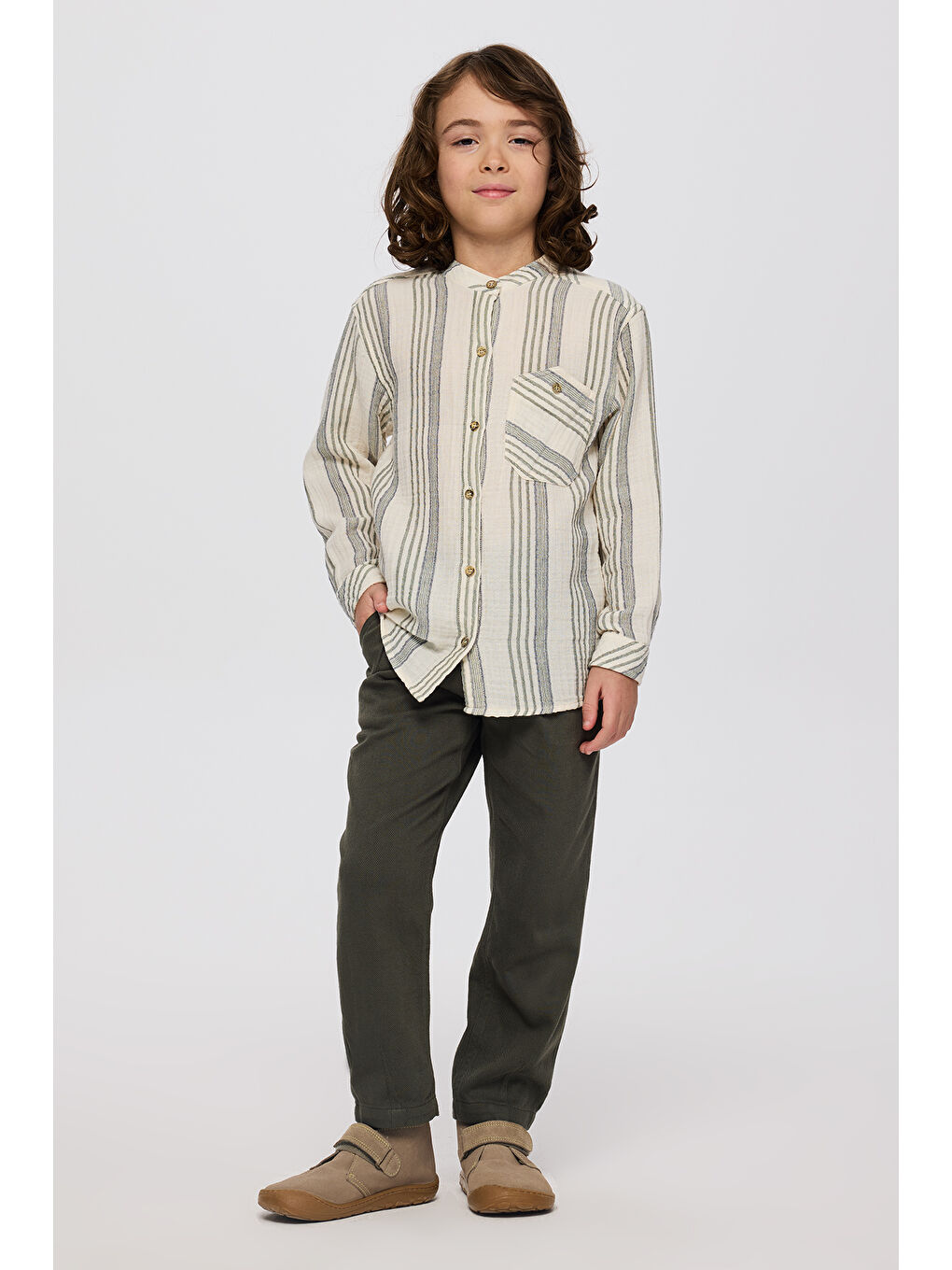 Erkek Çocuk Çizgi Desenli Gömlek Ekru-1