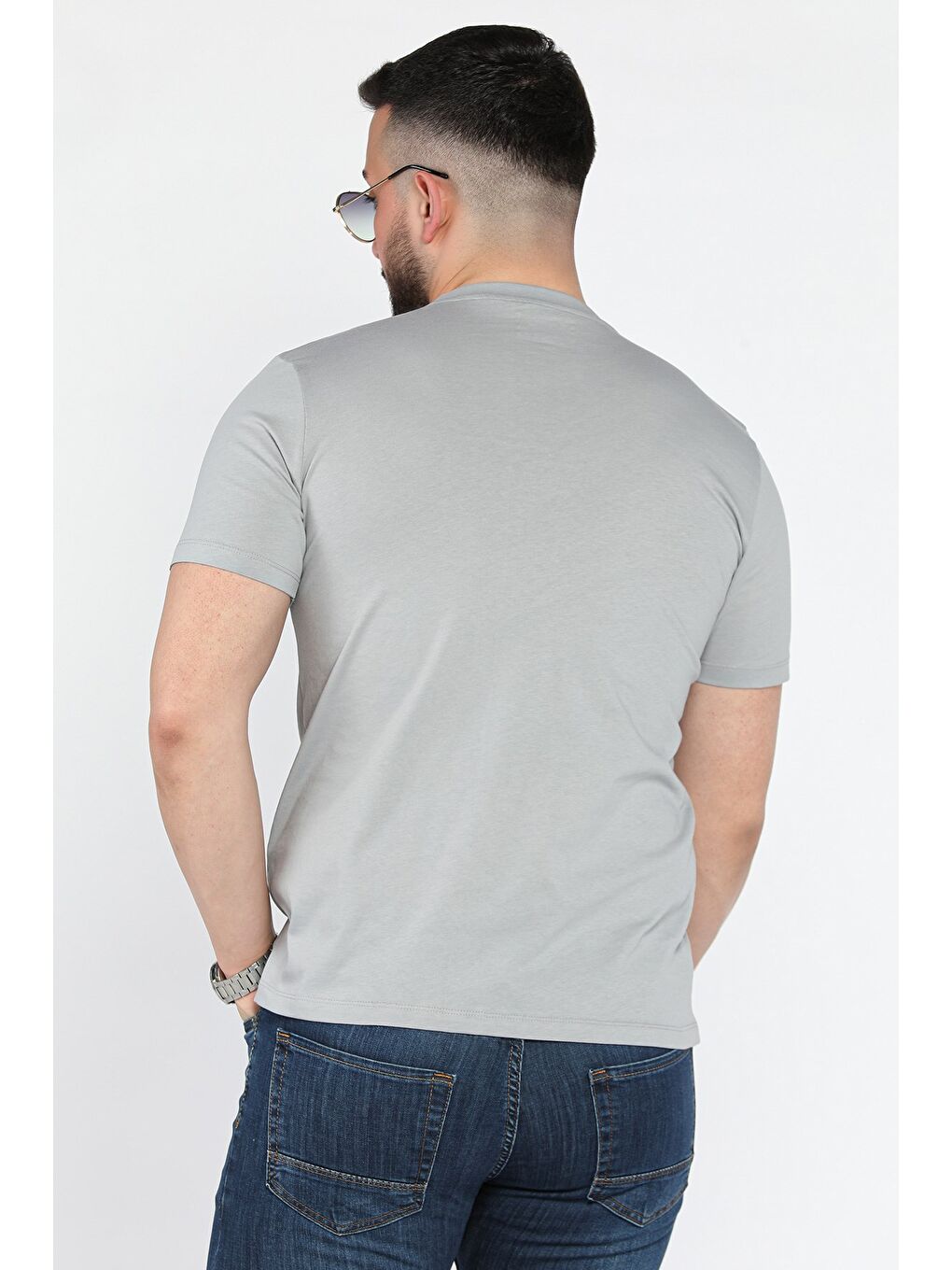 Gri Erkek Bisiklet Yaka Baskılı Tişört-2
