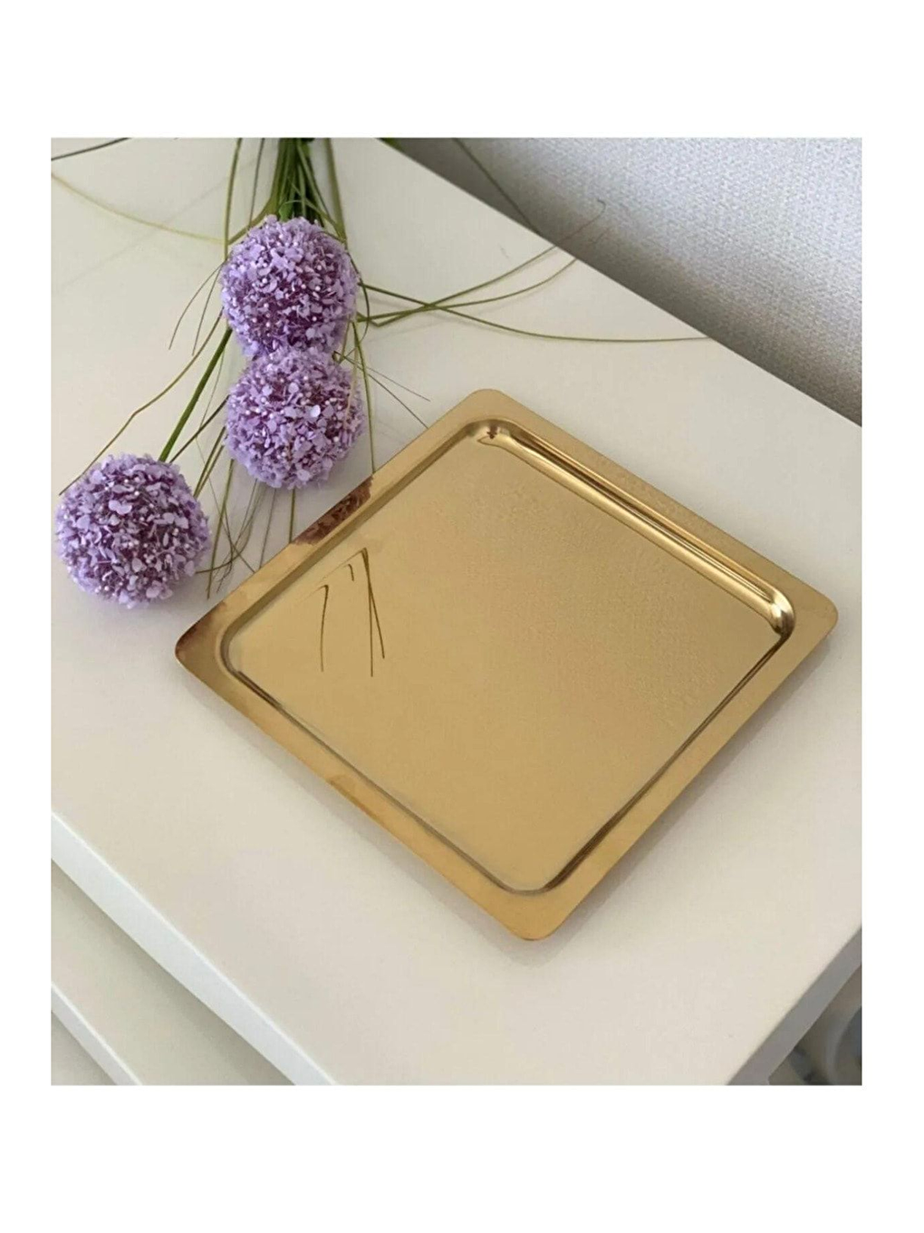 Sarı Paslanmaz Çelik Gold Renk Sunum Tepsisi 21 x21 cm Çay Kahve Pasta Tatlı Servis Sunum Tepsisi 4 Adet-2