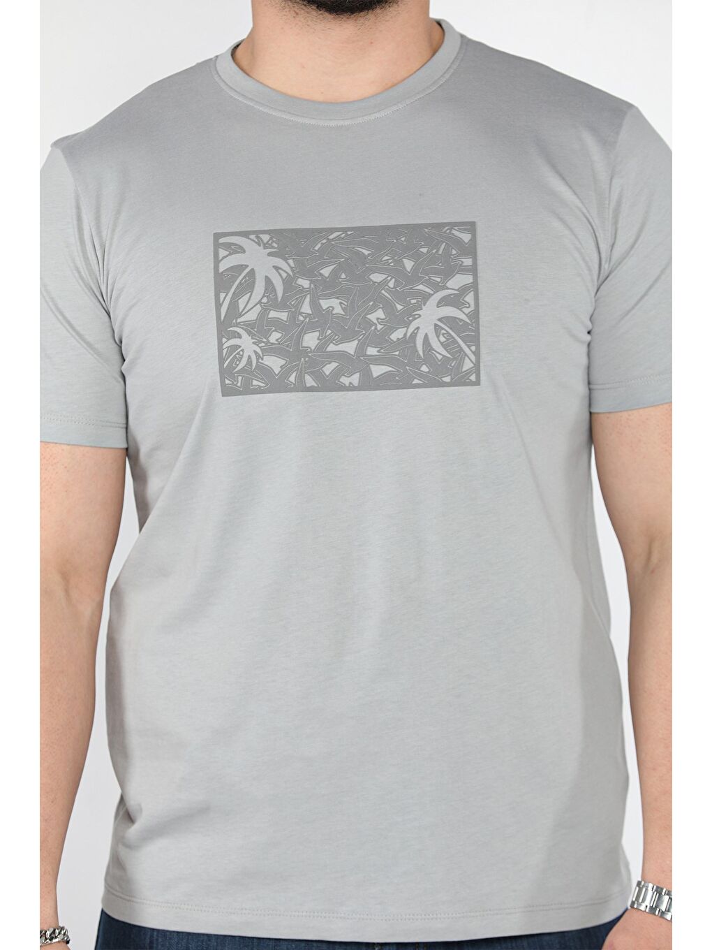 Gri Erkek Bisiklet Yaka Baskılı Tişört-3