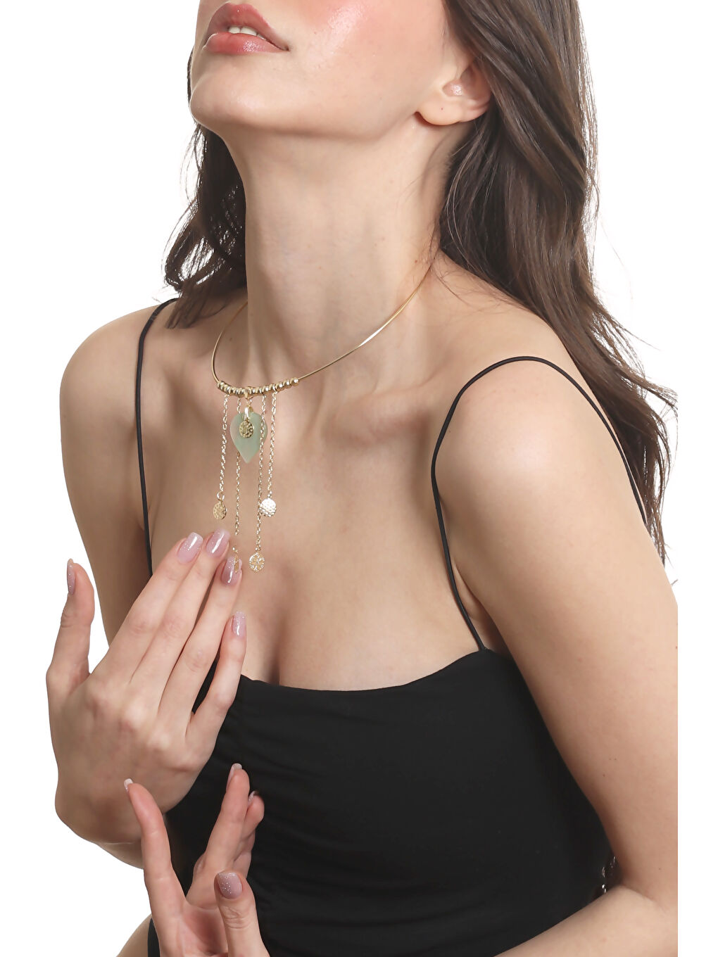 Sarı Kadın Lak Altın Kaplama Sedef Kalp Charmlı Tel Choker, Tasma Kolye-2