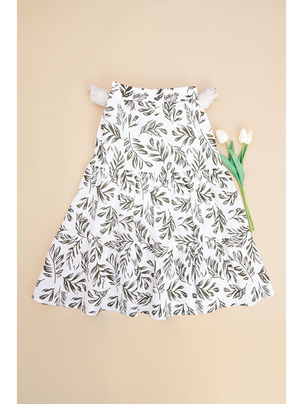 Haki Yaprak Desenli Beli Lastikli Katlı Kız Çocuk Etek-1