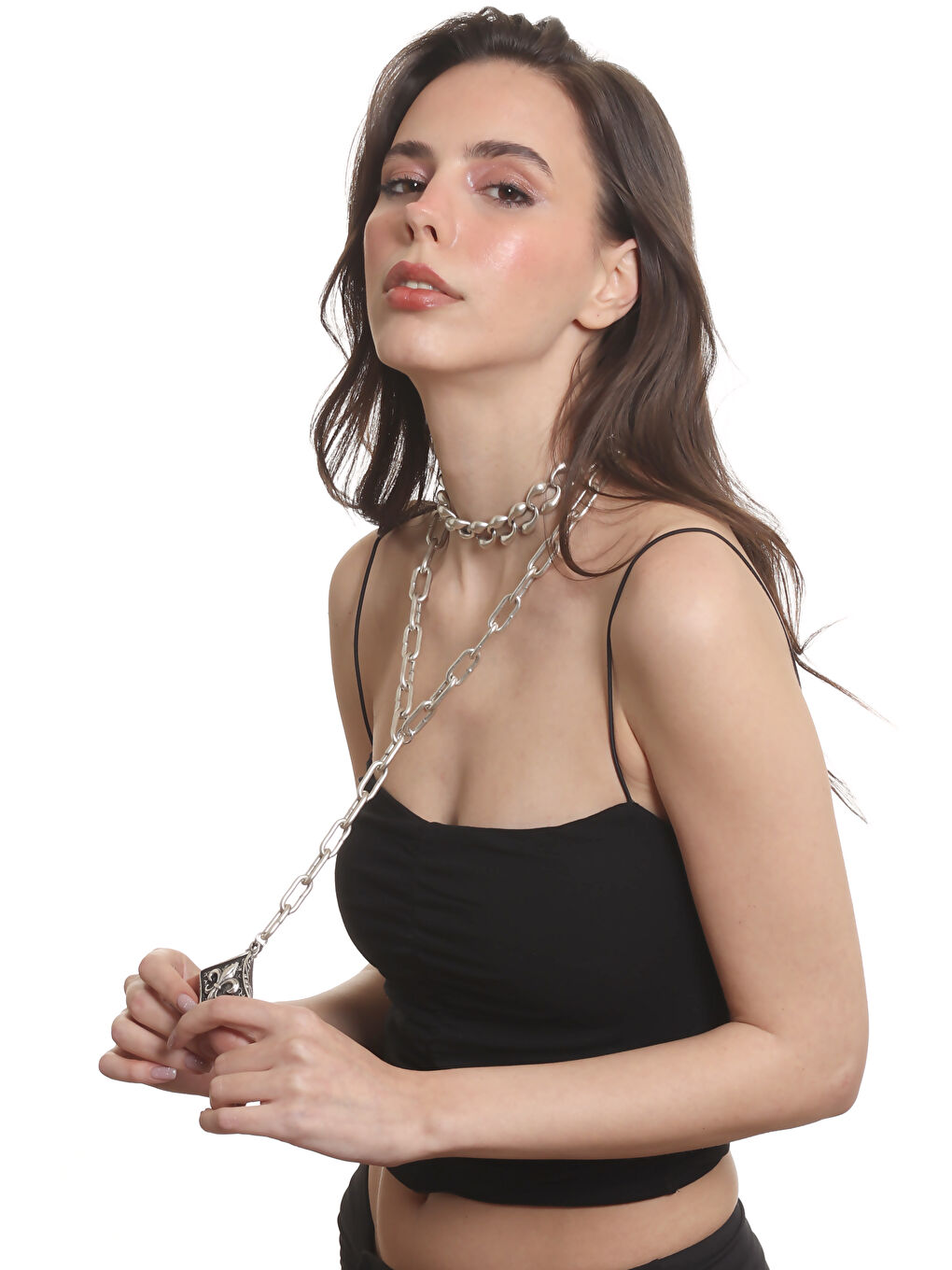 Gri Kadın Antik Gümüş Kaplama 2' li Fleur de Lys Uçlu Kolye& Choker-6