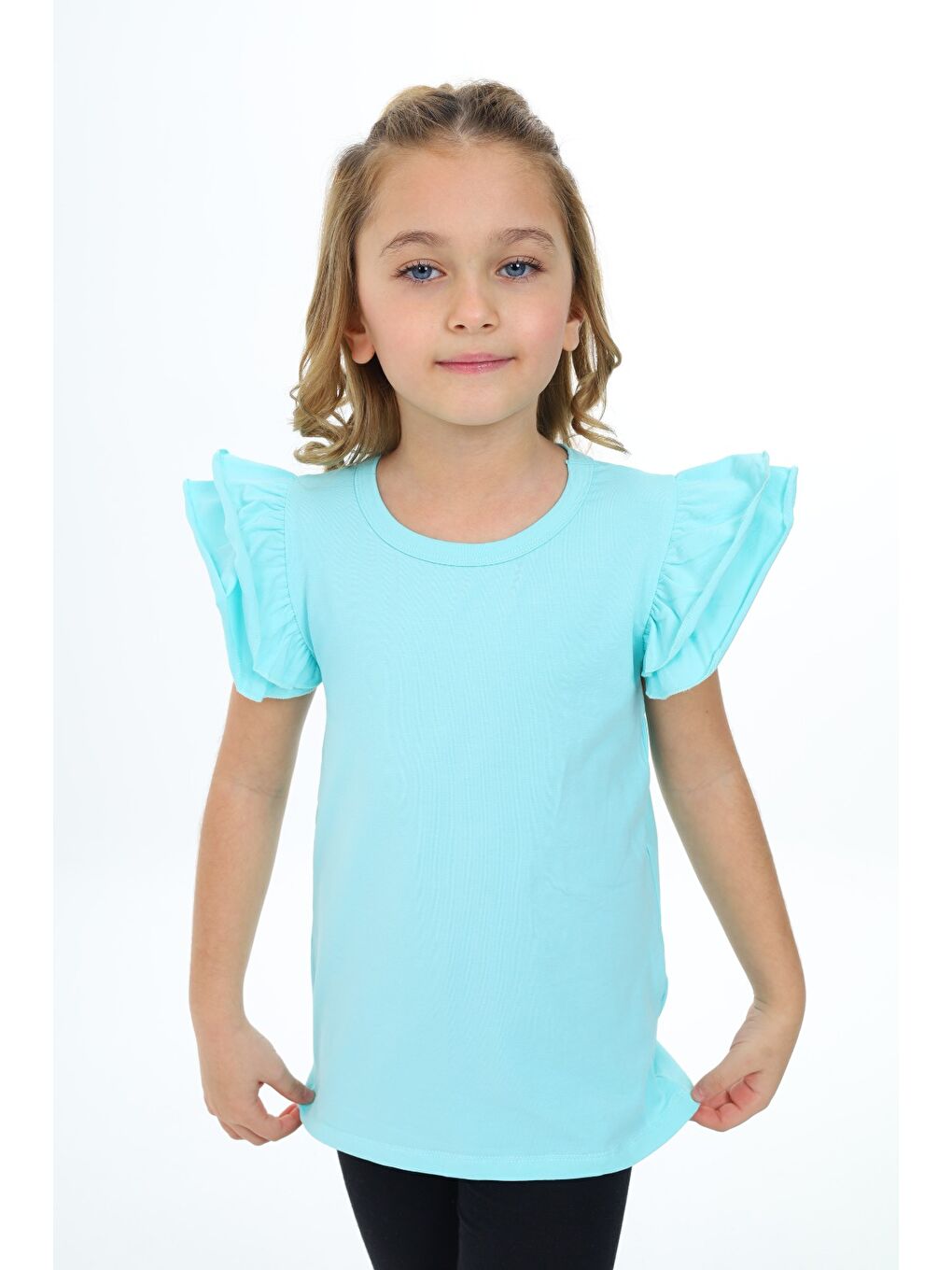 Yeşil Kız Çocuk Baskılı Bisiklet Yaka Kolu Fırfırlı Tişört-1