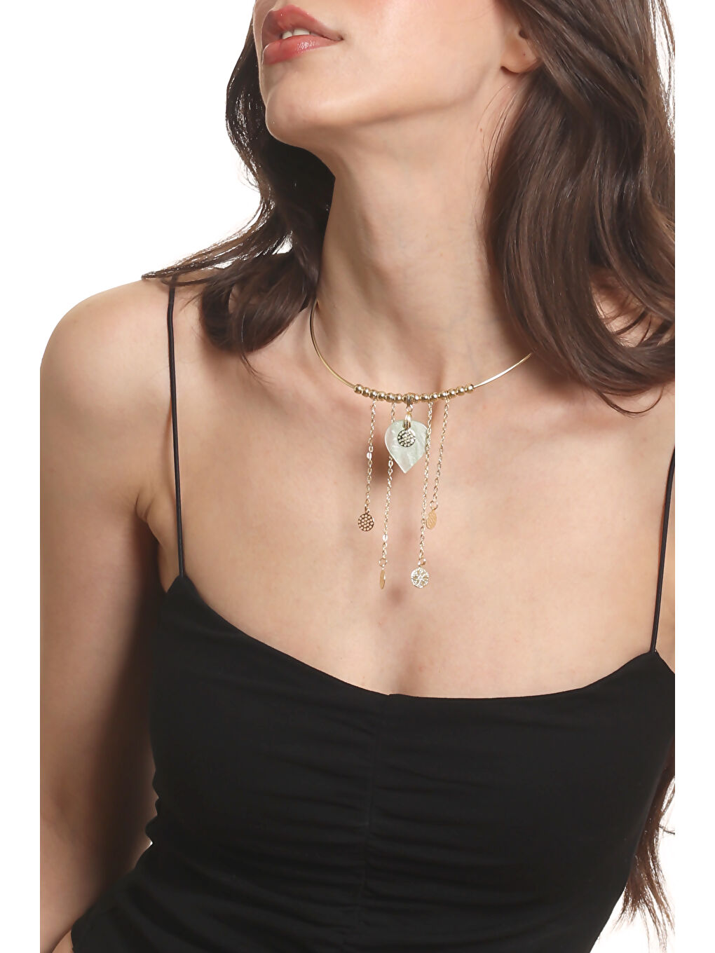 Sarı Kadın Lak Altın Kaplama Sedef Kalp Charmlı Tel Choker, Tasma Kolye-4