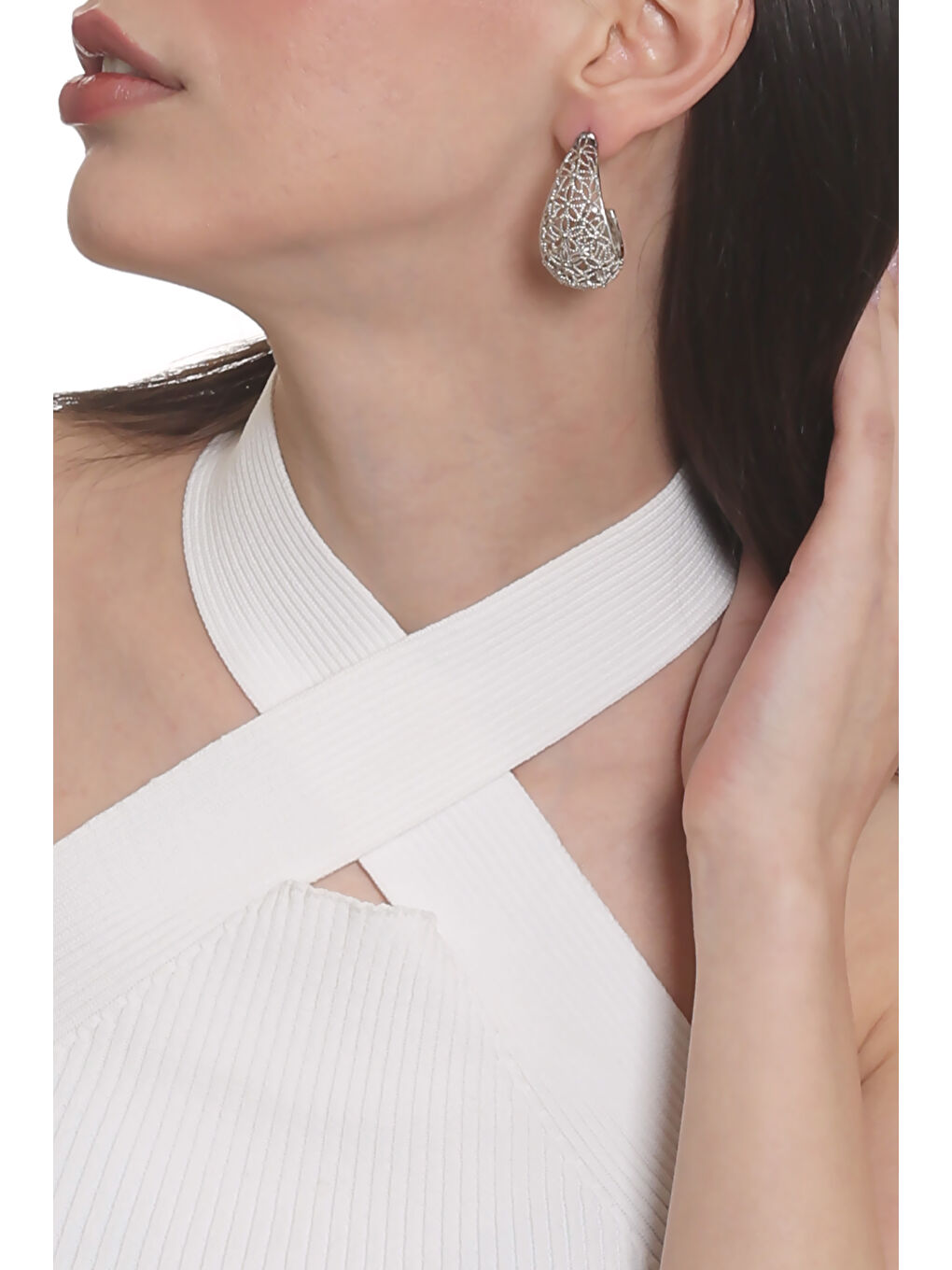 Gri Kadın Telkari Görünümlü Çiçek Motifli Çivili Model Damla Formlu Küpe-3