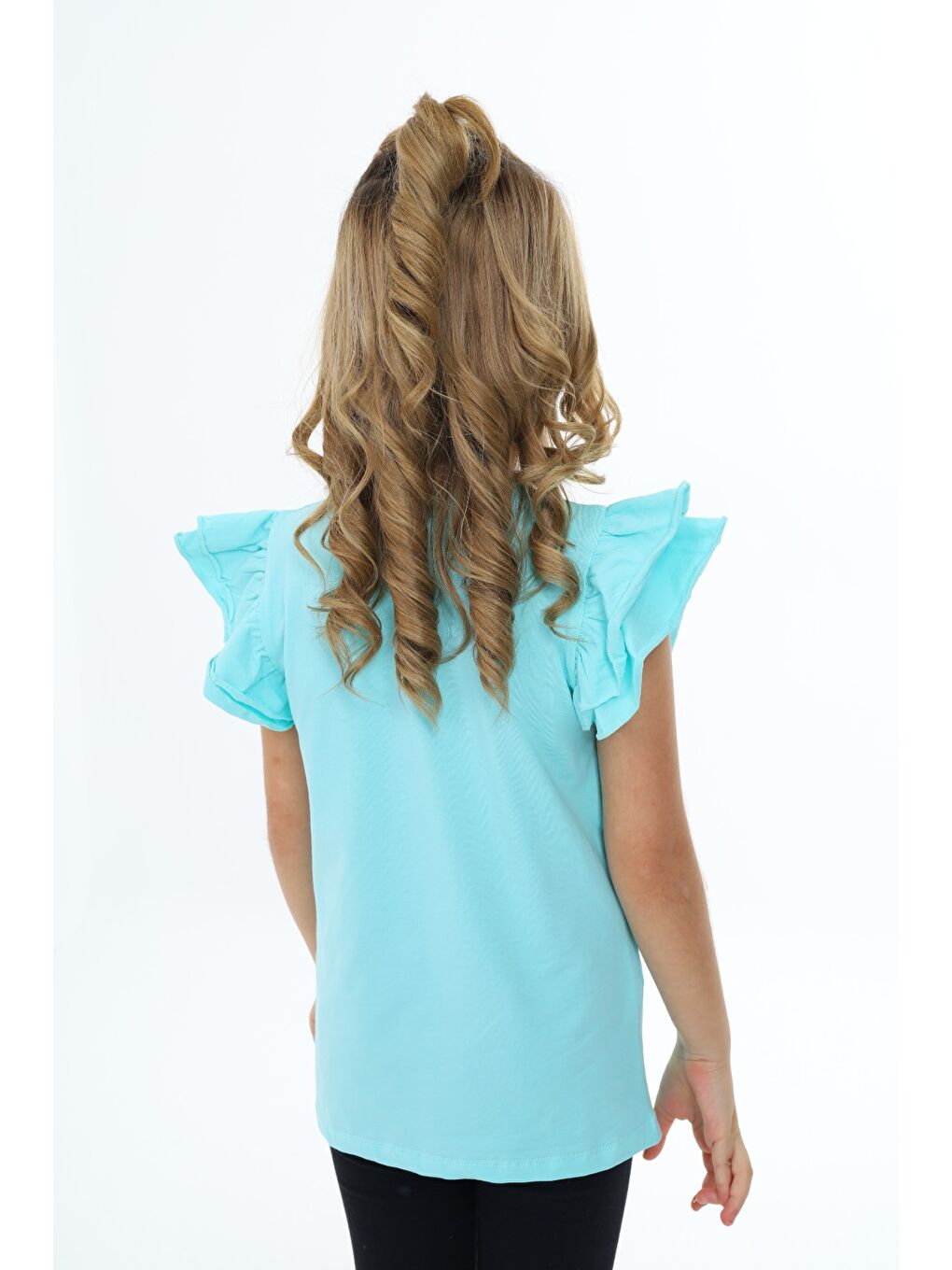 Yeşil Kız Çocuk Baskılı Bisiklet Yaka Kolu Fırfırlı Tişört-2