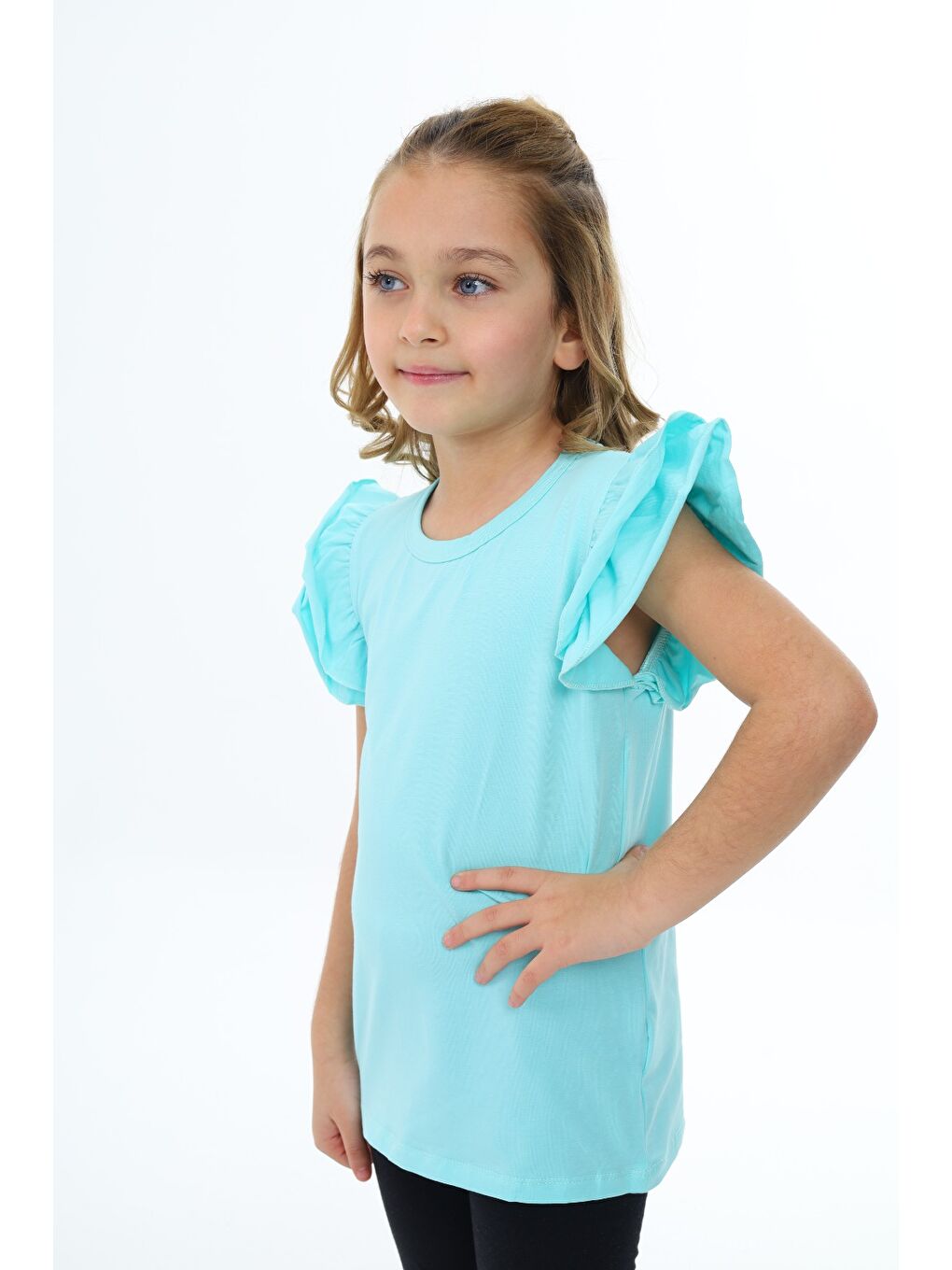 Yeşil Kız Çocuk Baskılı Bisiklet Yaka Kolu Fırfırlı Tişört-3