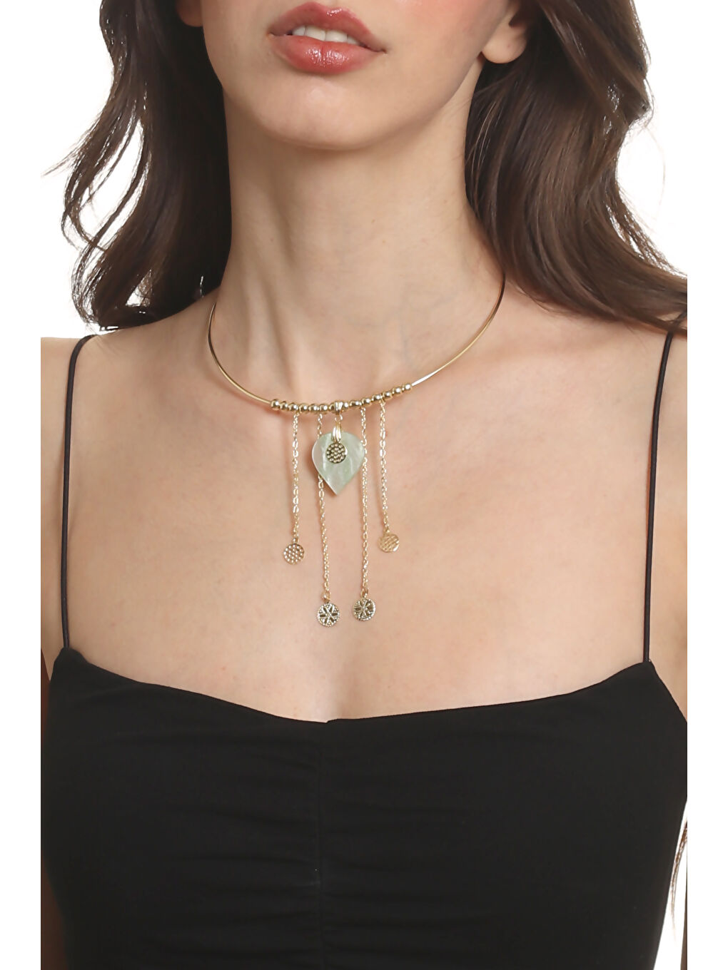 Sarı Kadın Lak Altın Kaplama Sedef Kalp Charmlı Tel Choker, Tasma Kolye-1