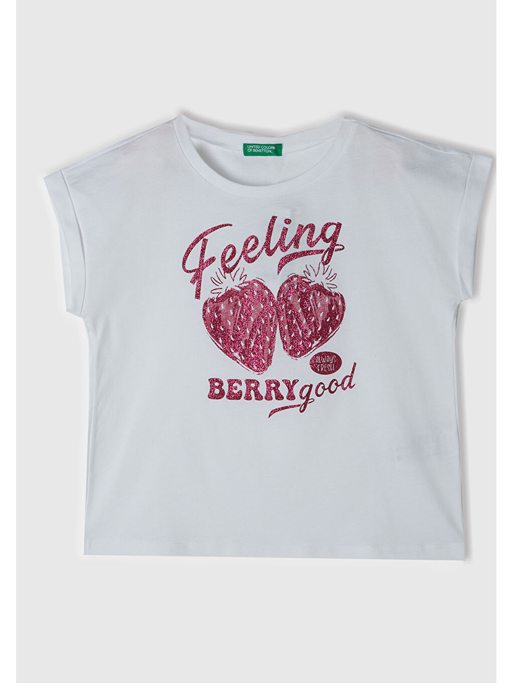 United Colors Of Benetton Beyaz Kız Çocuk Beyaz Önü Parlak Grafik Baskılı Kıvrık Kol Bisiklet Yaka T-Shirt