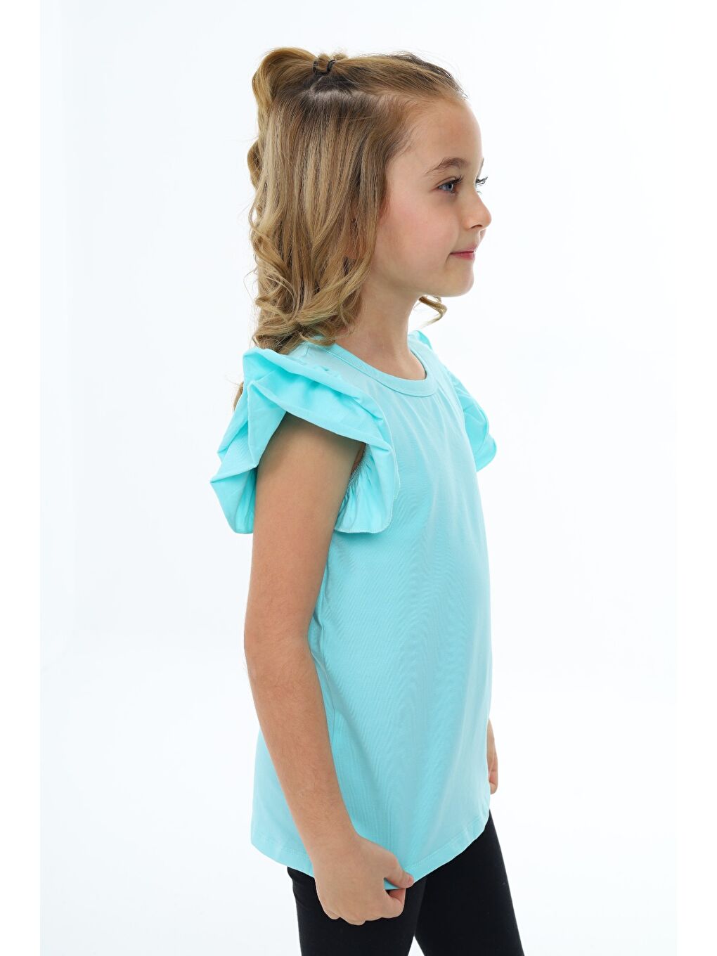 Yeşil Kız Çocuk Baskılı Bisiklet Yaka Kolu Fırfırlı Tişört-4