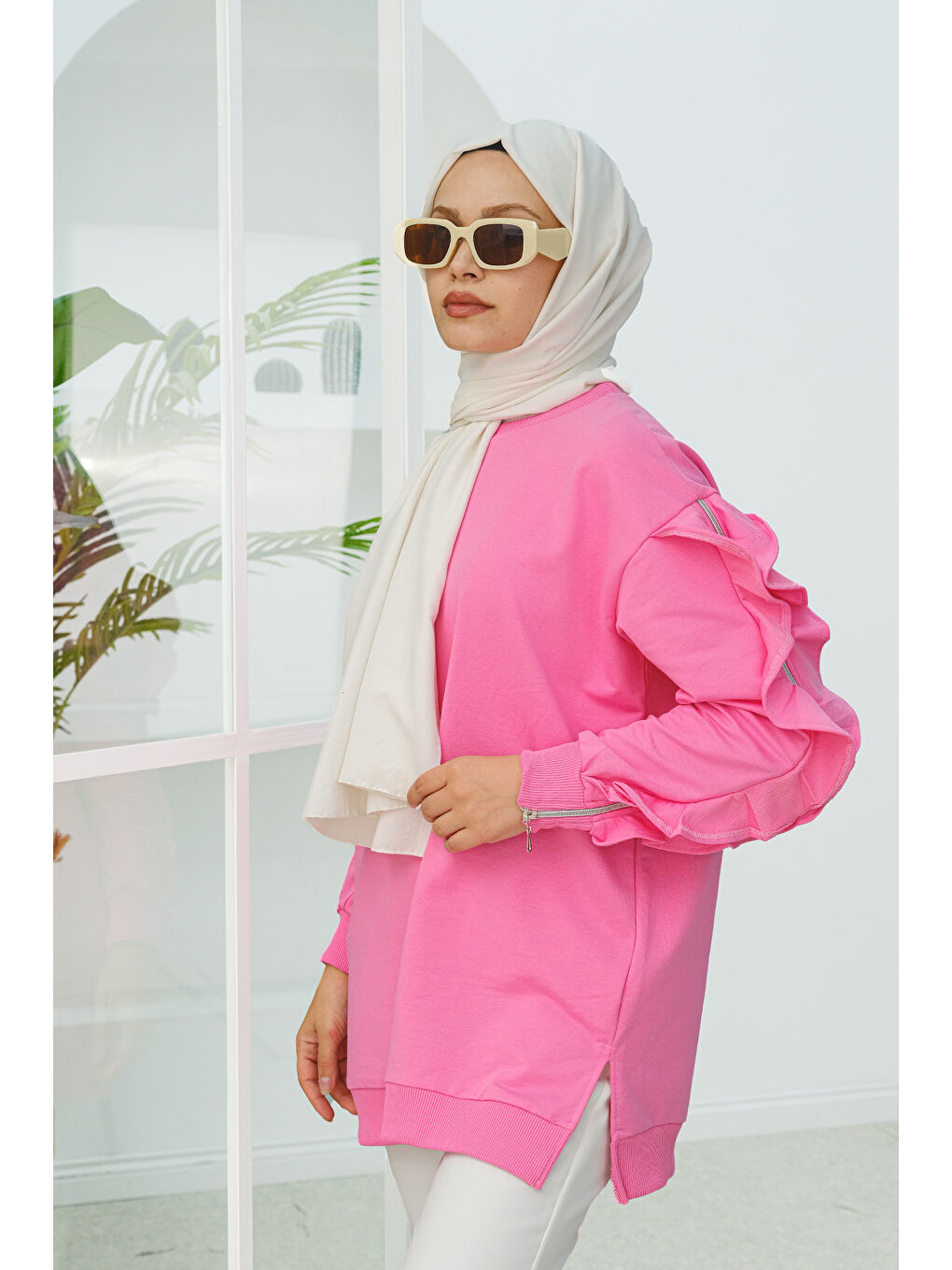 Locco Moda Kolları Fermuar Detay Tunik Pembe - 2