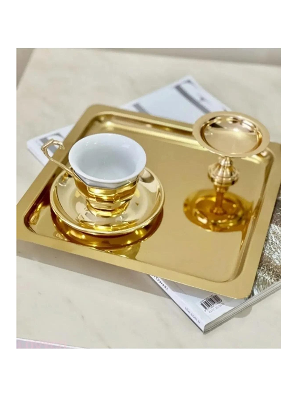 Sarı Paslanmaz Çelik Gold Renk Sunum Tepsisi 21 x21 cm Çay Kahve Pasta Tatlı Servis Sunum Tepsisi 4 Adet-4
