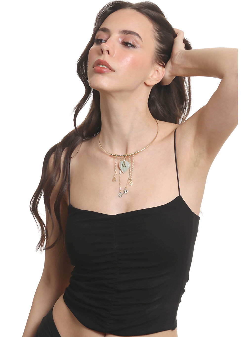 Sarı Kadın Lak Altın Kaplama Sedef Kalp Charmlı Tel Choker, Tasma Kolye-5