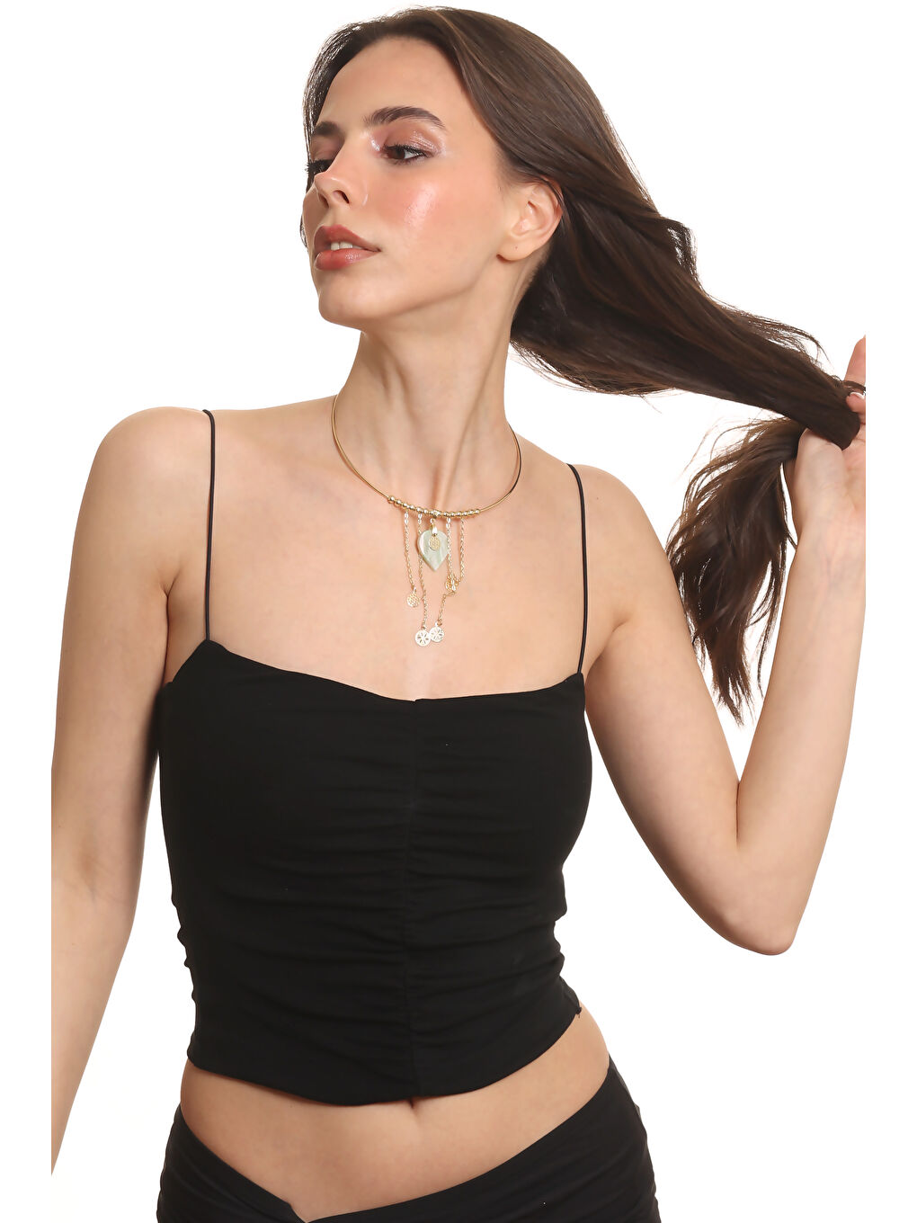 Sarı Kadın Lak Altın Kaplama Sedef Kalp Charmlı Tel Choker, Tasma Kolye-6