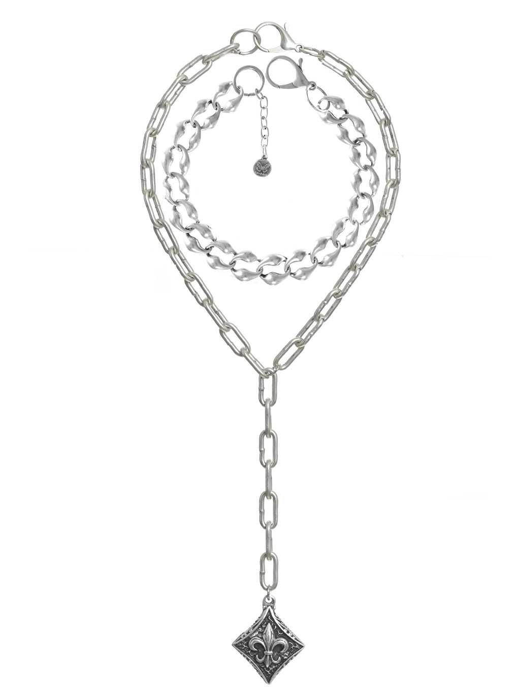 Gri Kadın Antik Gümüş Kaplama 2' li Fleur de Lys Uçlu Kolye& Choker