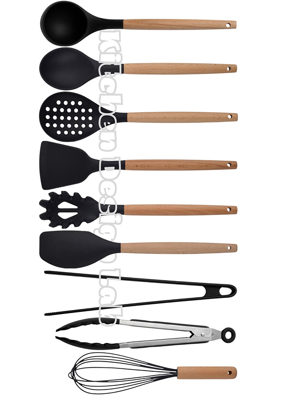 Siyah Bambu Silikon - Kepçe Kaşık Kevgir Makarna 2 Spatula Silikon Metal Maşa Çırpıcı 9 Adet-1