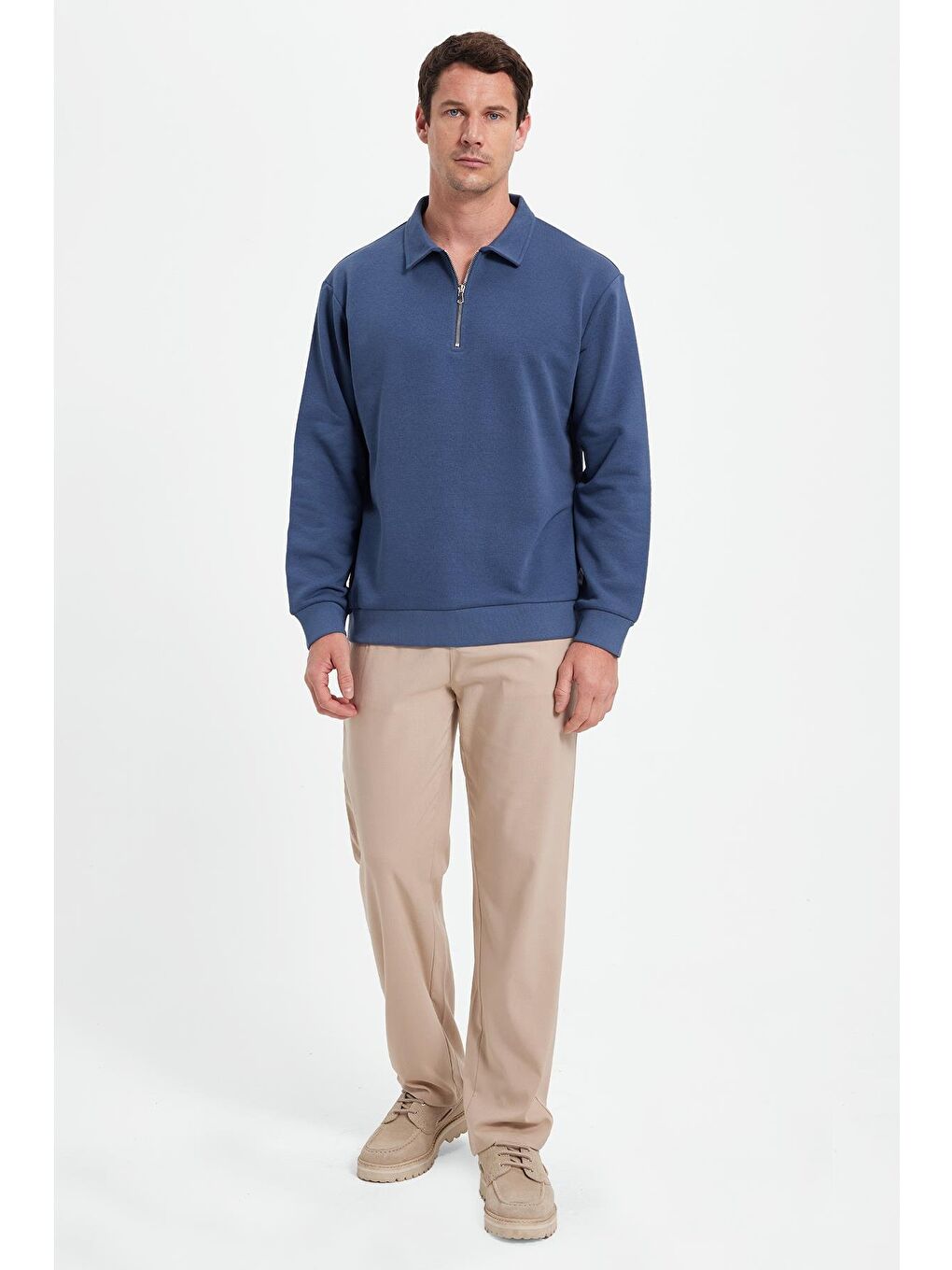 Erkek Relax Fit Rahat Kesim Pamuklu 3 İplik Fermuarlı Polo Yaka Koyu Mavi Sweatshirt-1