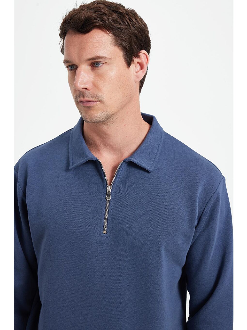 Erkek Relax Fit Rahat Kesim Pamuklu 3 İplik Fermuarlı Polo Yaka Koyu Mavi Sweatshirt-2