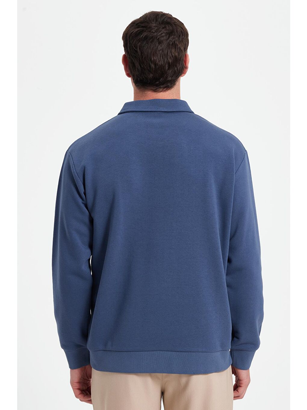 Erkek Relax Fit Rahat Kesim Pamuklu 3 İplik Fermuarlı Polo Yaka Koyu Mavi Sweatshirt-5