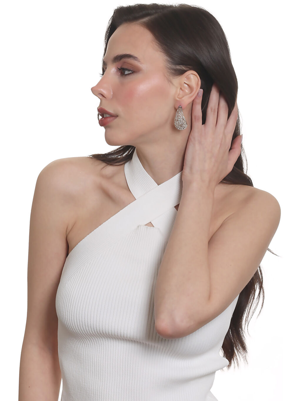 Gri Kadın Telkari Görünümlü Çiçek Motifli Çivili Model Damla Formlu Küpe-8