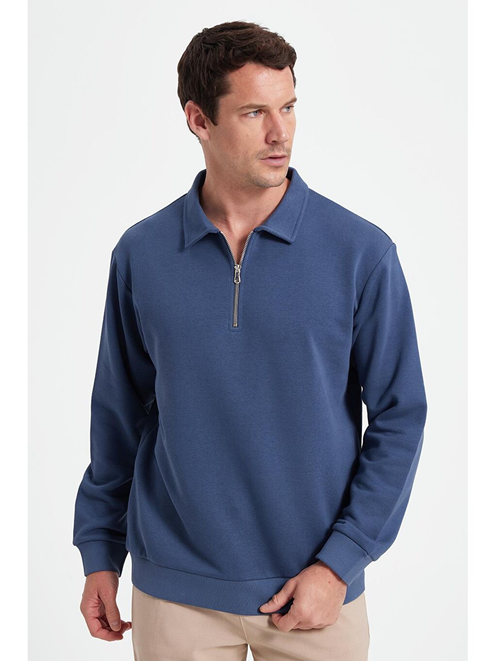 Erkek Relax Fit Rahat Kesim Pamuklu 3 İplik Fermuarlı Polo Yaka Koyu Mavi Sweatshirt-6