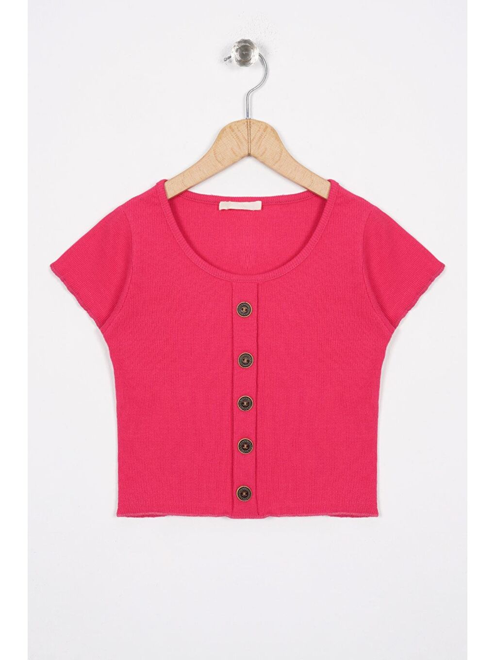 Bisiklet Yaka Kısa Kol Fitilli Fuşya Renk Kız Çocuk Tshirt