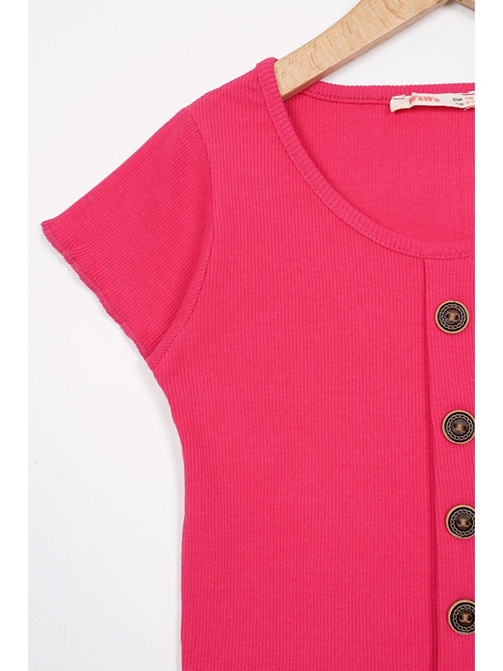 Bisiklet Yaka Kısa Kol Fitilli Fuşya Renk Kız Çocuk Tshirt-1