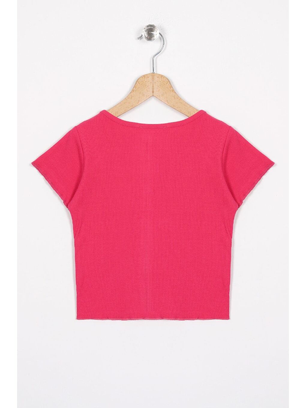 Bisiklet Yaka Kısa Kol Fitilli Fuşya Renk Kız Çocuk Tshirt-2