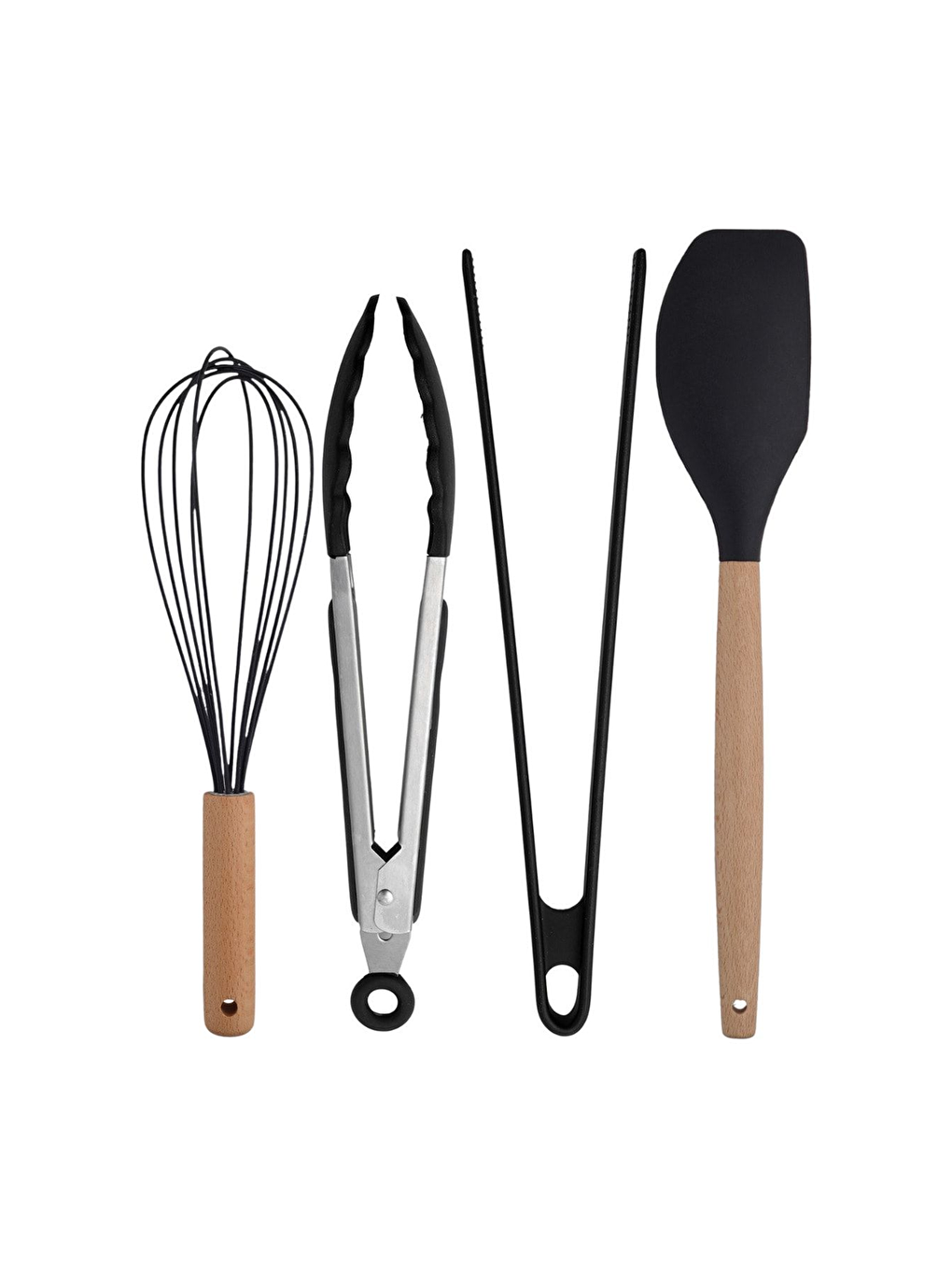 Siyah Bambu Silikon - Kepçe Kaşık Kevgir Makarna 2 Spatula Silikon Metal Maşa Çırpıcı 9 Adet-2