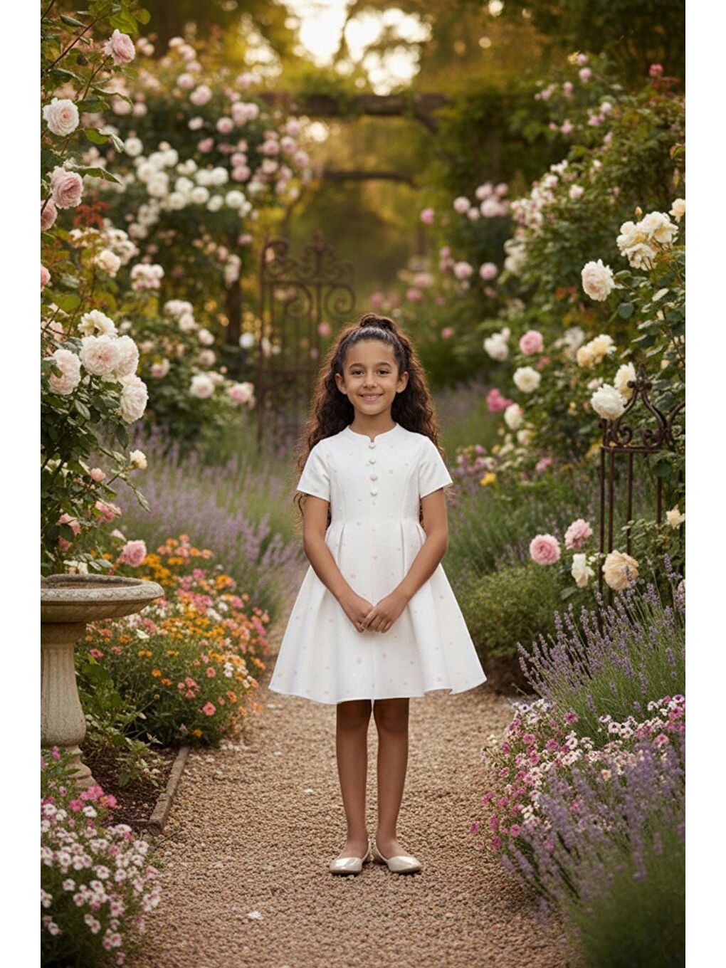 Ekru Puantiyeli Düğme Detaylı Çocuk Elbise