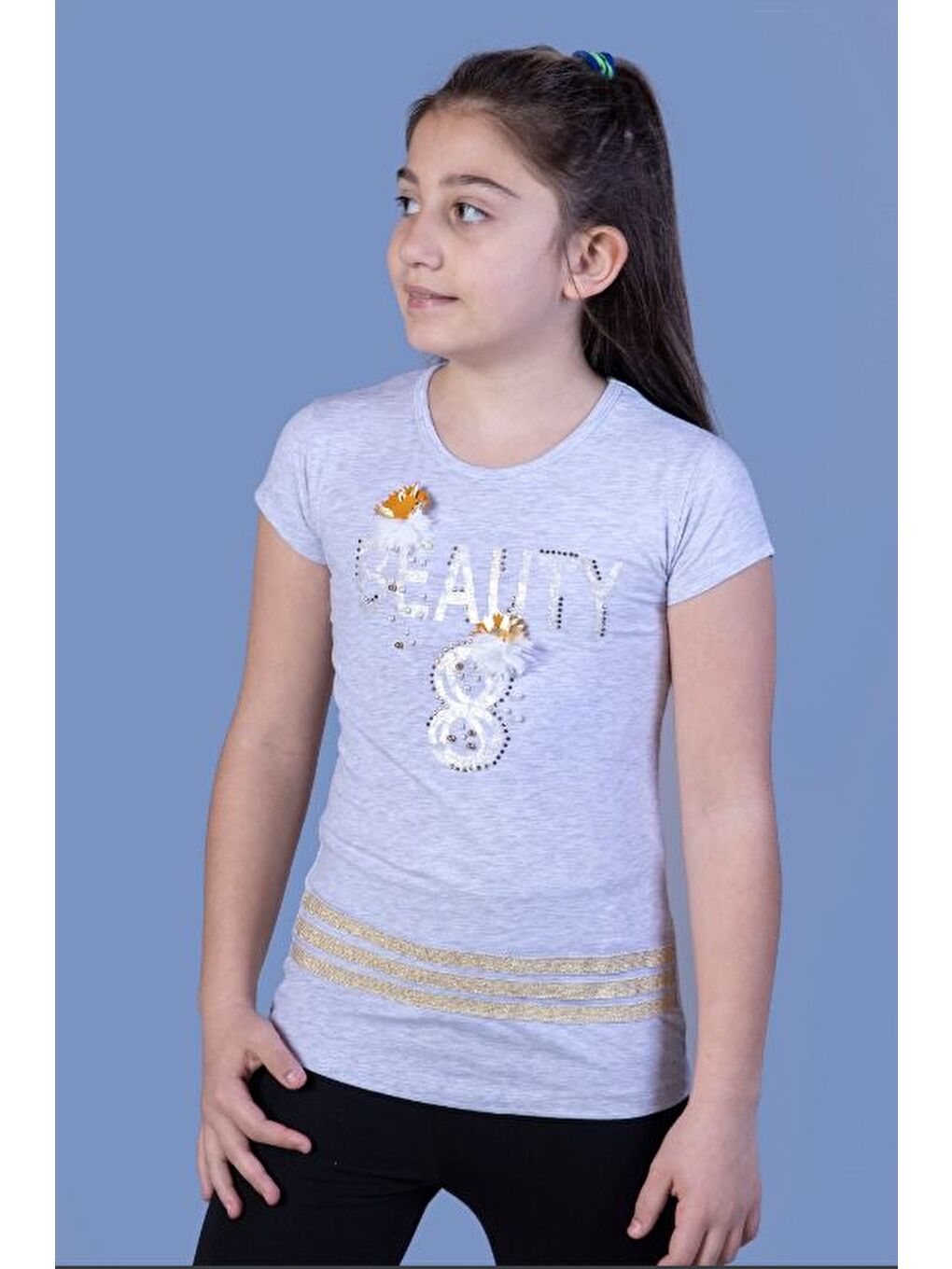 Gri Kız Çocuk Beauty Baskılı Tişört